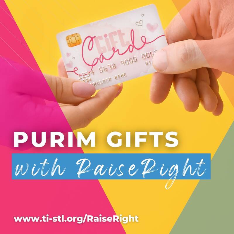 TEXT: Purim Gifts with RaiseRight IMAGE: hands exchanging a gift card