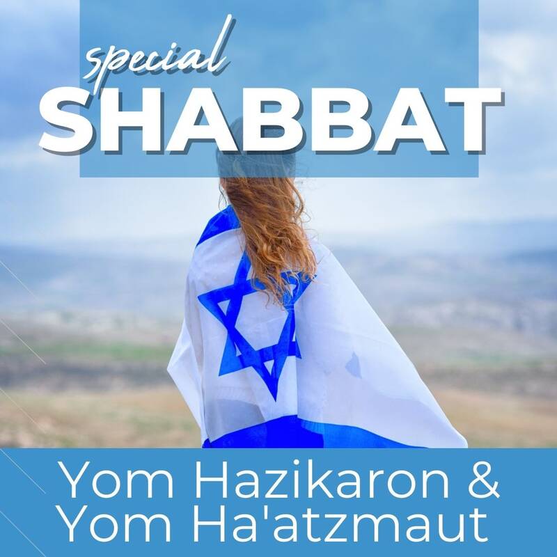 TEXT: Yom Hazikaron and Yom Ha'atzmaut Shabbat IMAGE: Girl with Israeli flag draped over back