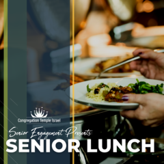 TEXT: Senior Lunch IMAGE: People filling plates